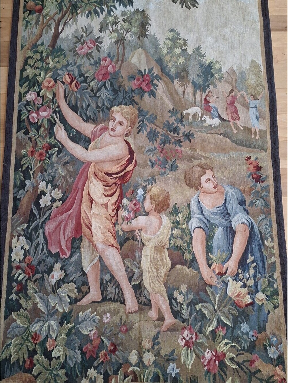 Hand-woven Wool & Silk Aubusson Tapestry French Gobelin Picking Flowers Wall Art